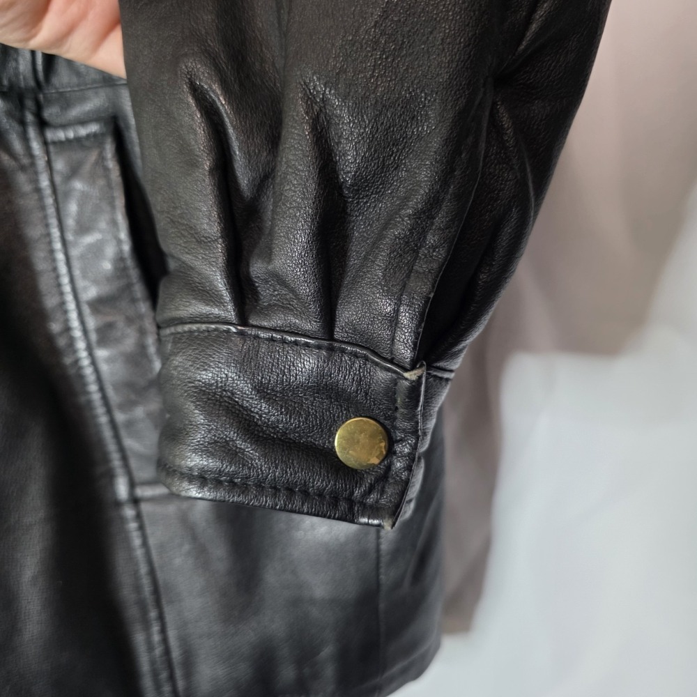 Vintage Genuine Leather Black‎ Coat Faux Fur Hood Y2K Minimalist Jacket - Picture 9 of 16
